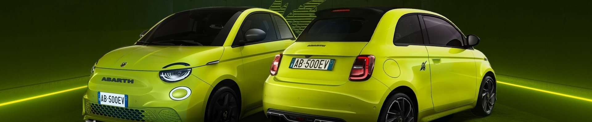 Front and back of the Abarth 500e in electric green